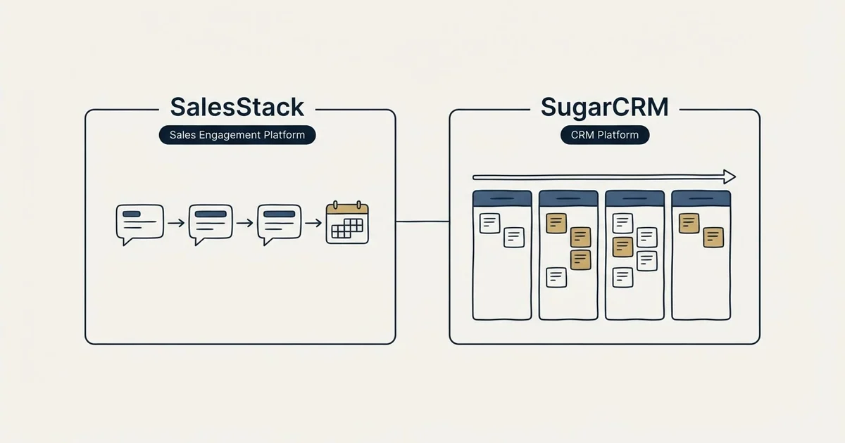 Side-by-side panels: SalesStack vs SugarCRM (Sales Engagement Platform, CRM Platform)