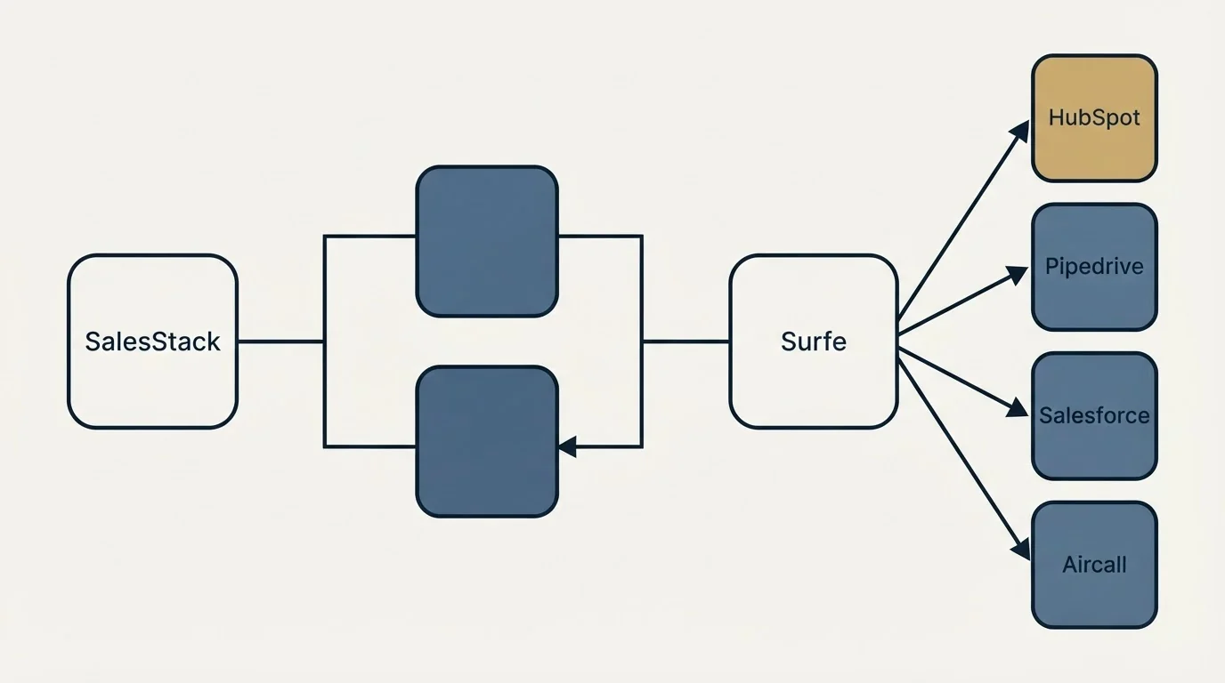 Integration flow: Integration Ecosystem (SalesStack, Surfe, HubSpot, Pipedrive)