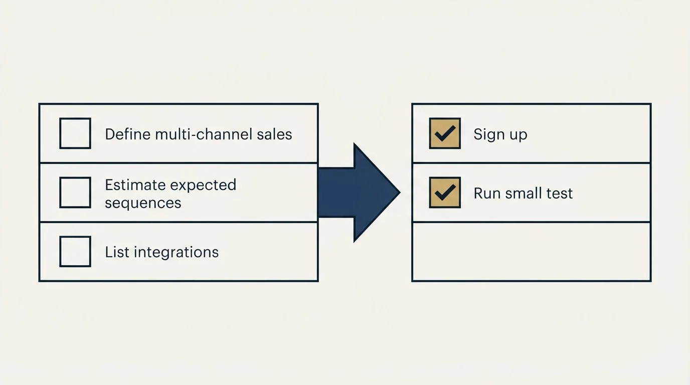 Before-and-after steps: Getting Started Checklist (Define multi-channel sales, Estimate expected sequences, List integrations, Sign up)