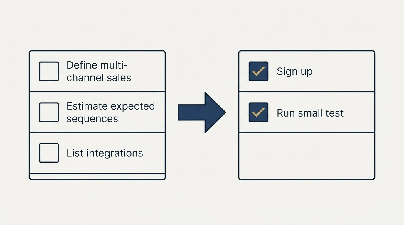 Before-and-after steps: Getting Started Checklist (Define multi-channel sales, Estimate expected sequences, List integrations, Sign up)