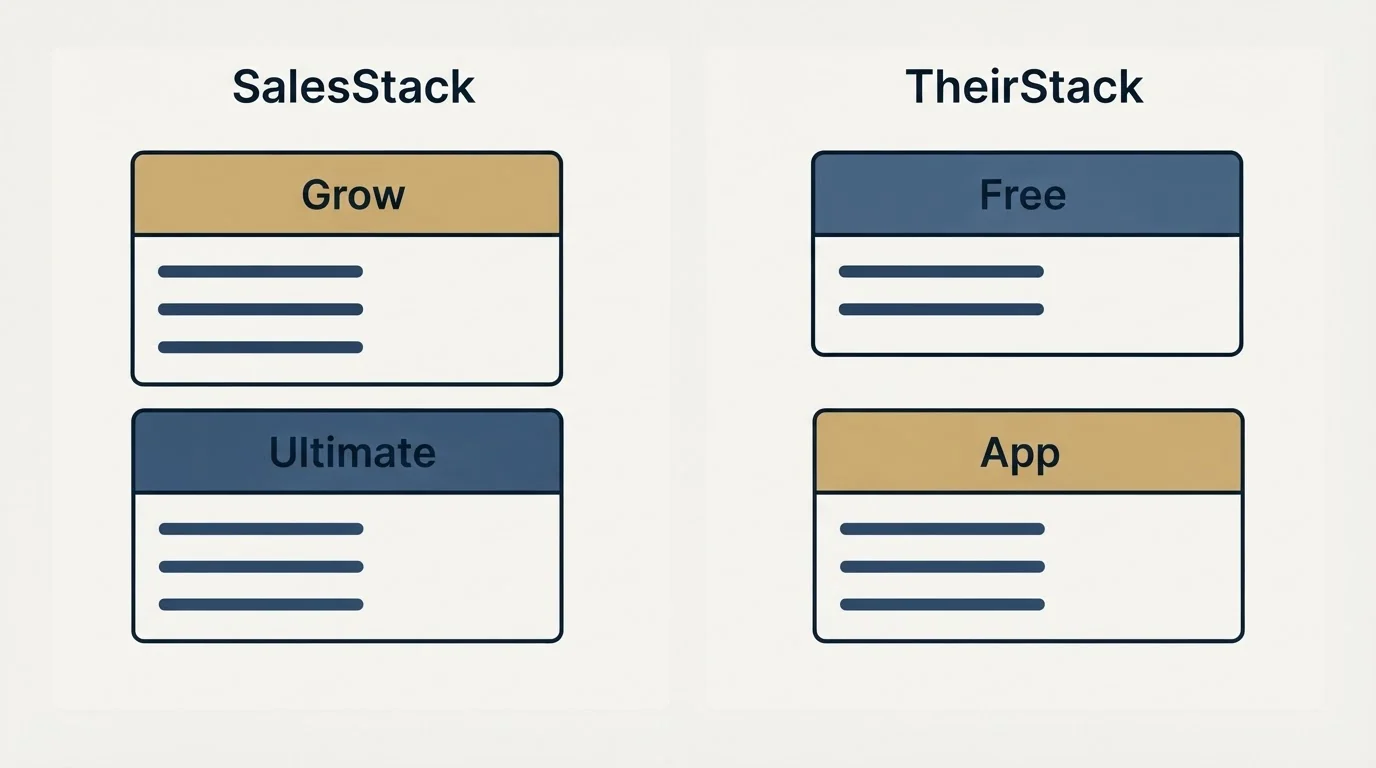 Pricing panels: Pricing Comparison (SalesStack, TheirStack, Grow, Free)