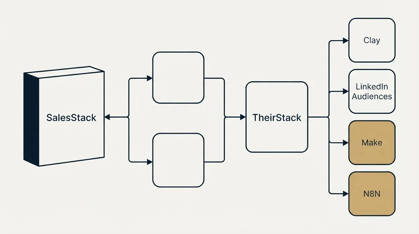 Integration flow: Integration Ecosystem (SalesStack, TheirStack, Clay, LinkedIn Audiences)