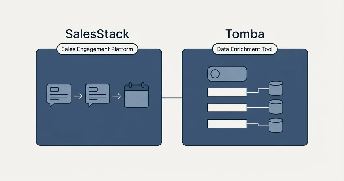 Side-by-side panels: SalesStack vs Tomba (Sales Engagement Platform, Data Enrichment Tool)