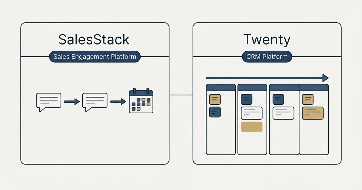 Side-by-side panels: SalesStack vs Twenty (Sales Engagement Platform, CRM Platform)