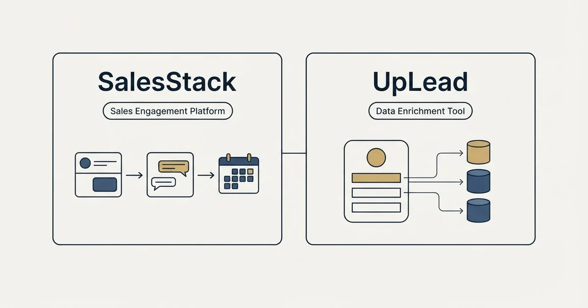 Side-by-side panels: SalesStack vs UpLead (Sales Engagement Platform, Data Enrichment Tool)