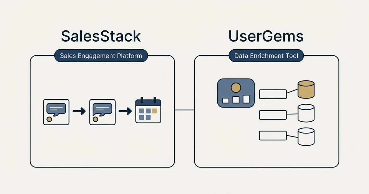 Side-by-side panels: SalesStack vs UserGems (Sales Engagement Platform, Data Enrichment Tool)