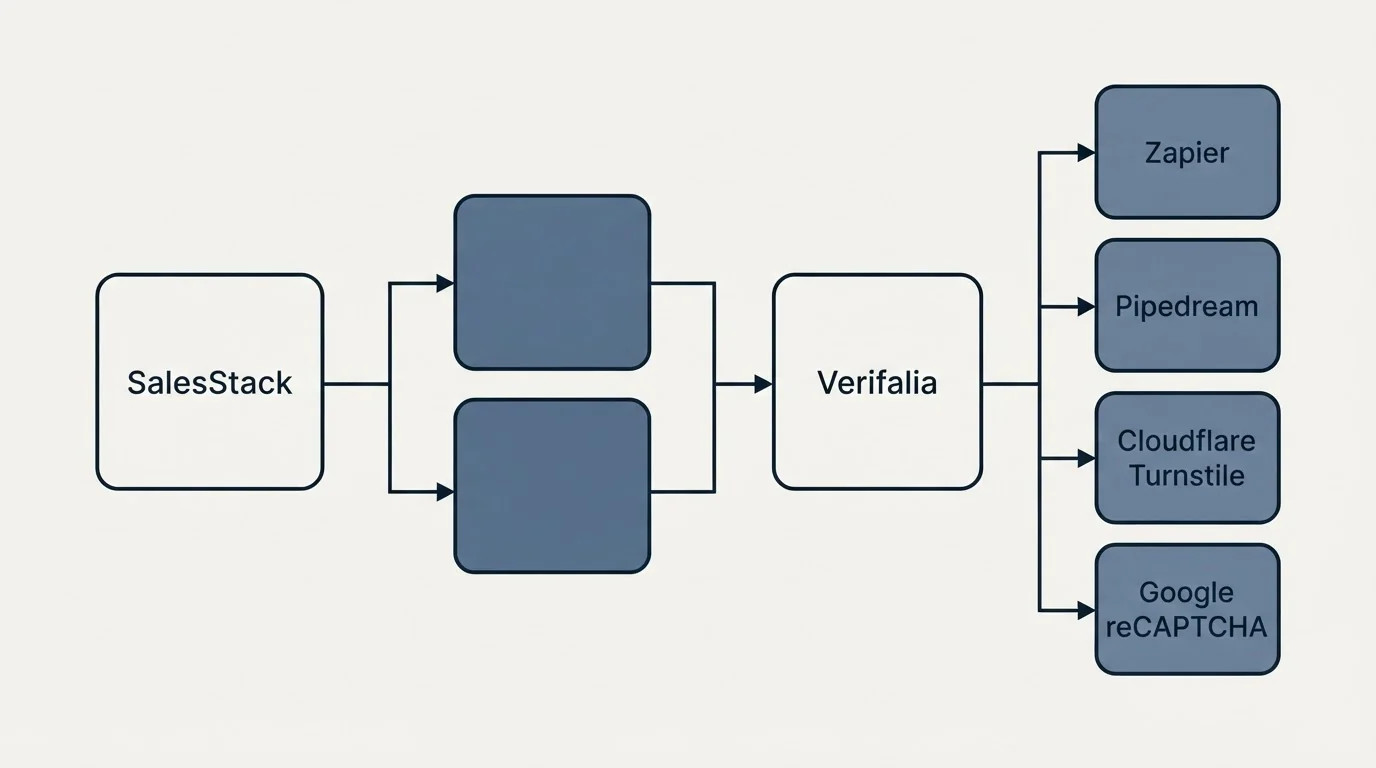 Integration flow: Integration Ecosystem (SalesStack, Verifalia, Zapier, Pipedream)