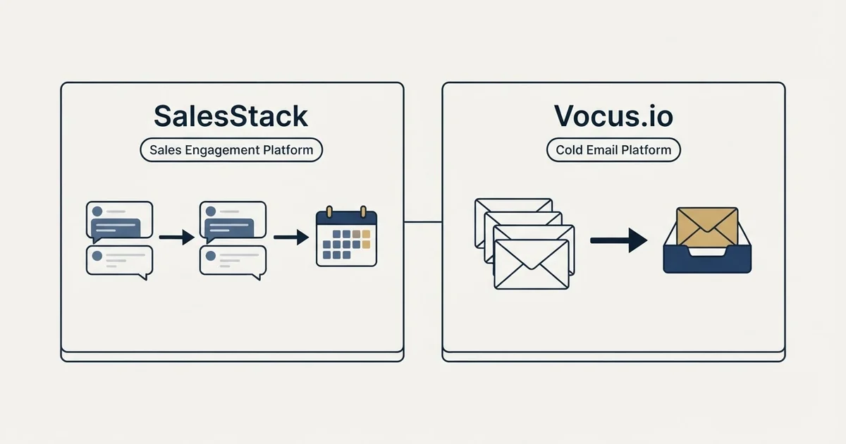 Side-by-side panels: SalesStack vs Vocus.io (Sales Engagement Platform, Cold Email Platform)