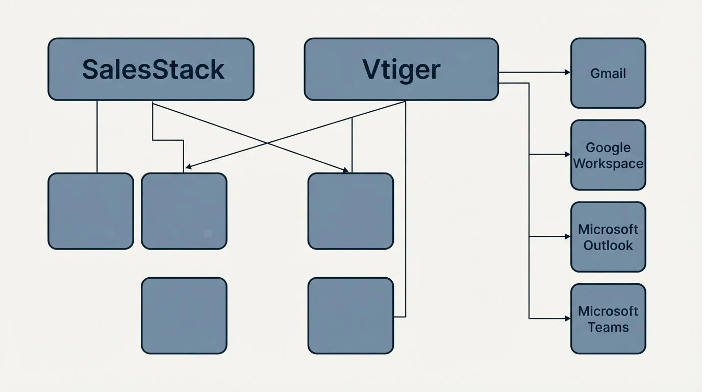 Integration grid: Integration Ecosystem (SalesStack, Vtiger, Gmail, Google Workspace)