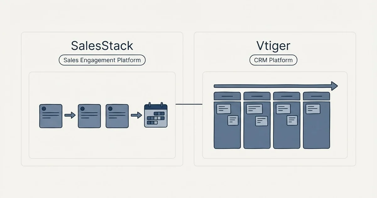Side-by-side panels: SalesStack vs Vtiger (Sales Engagement Platform, CRM Platform)