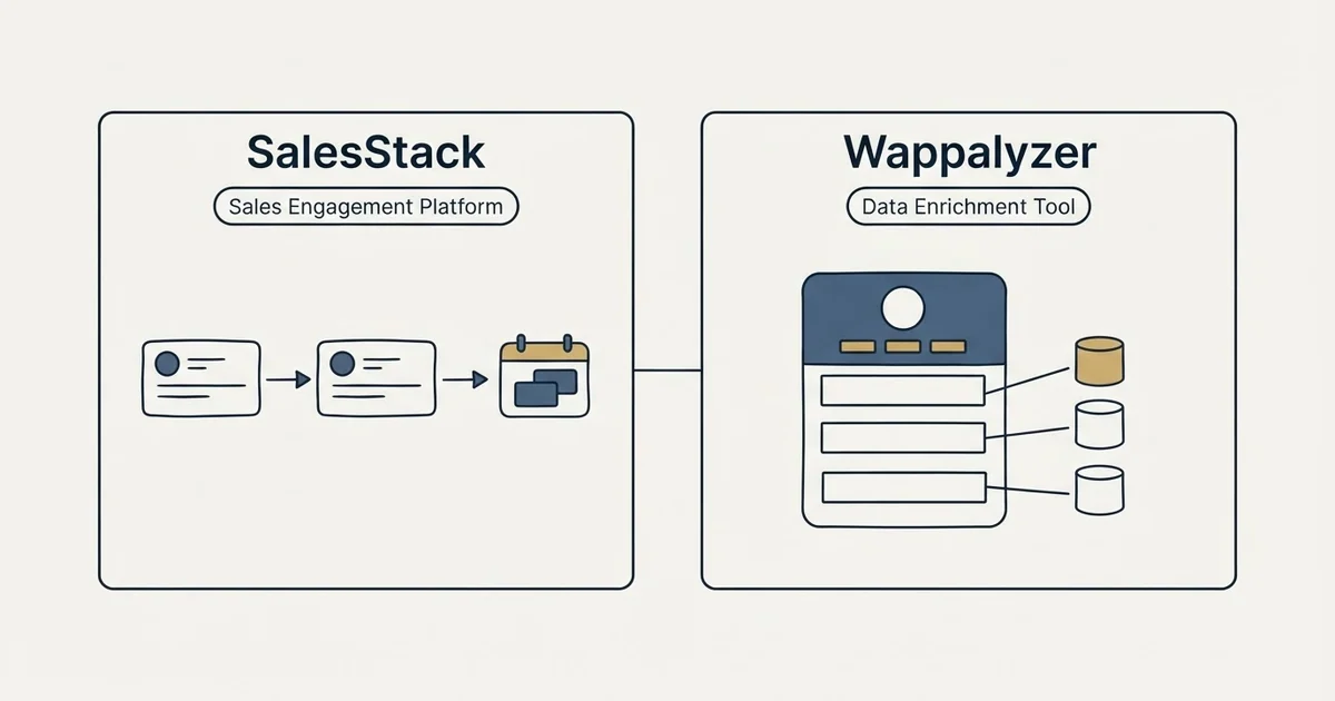 Side-by-side panels: SalesStack vs Wappalyzer (Sales Engagement Platform, Data Enrichment Tool)