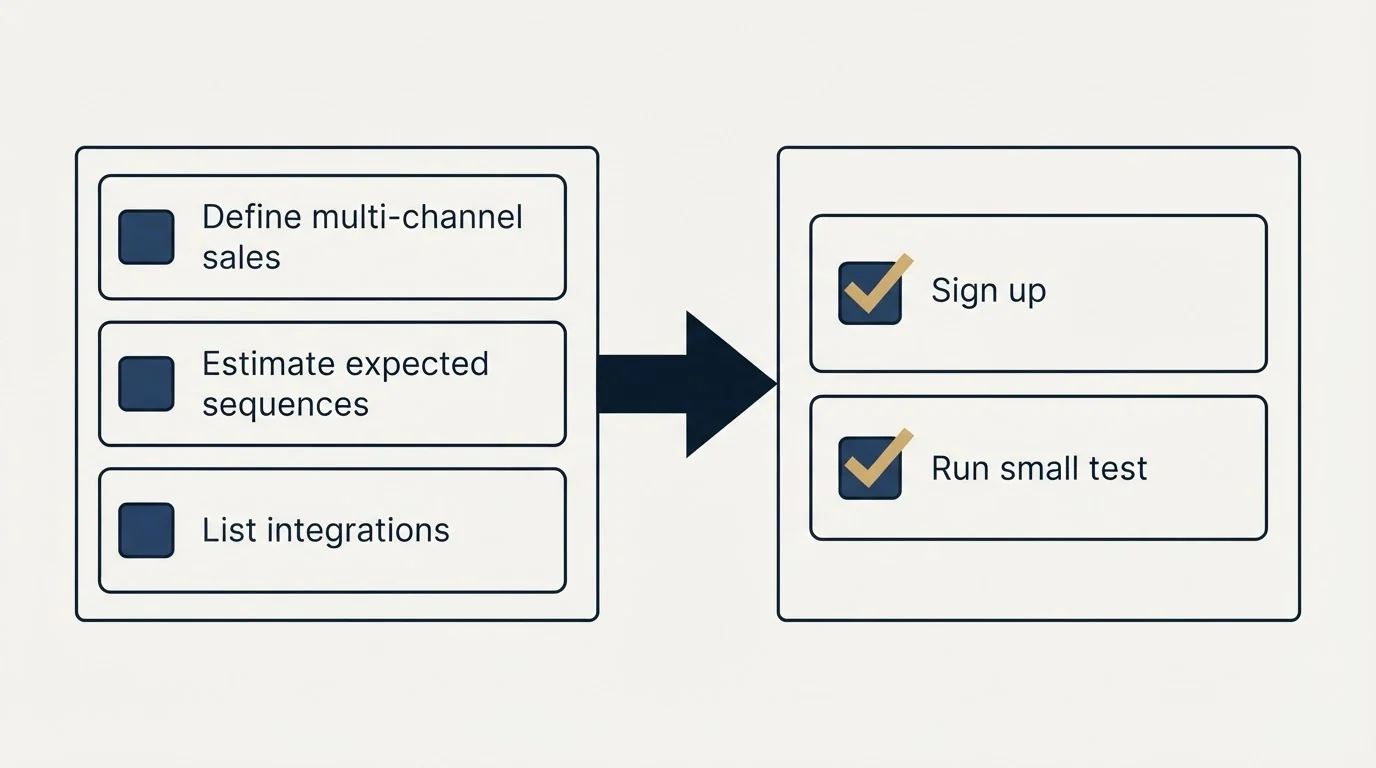 Before-and-after steps: Getting Started Checklist (Define multi-channel sales, Estimate expected sequences, List integrations, Sign up)