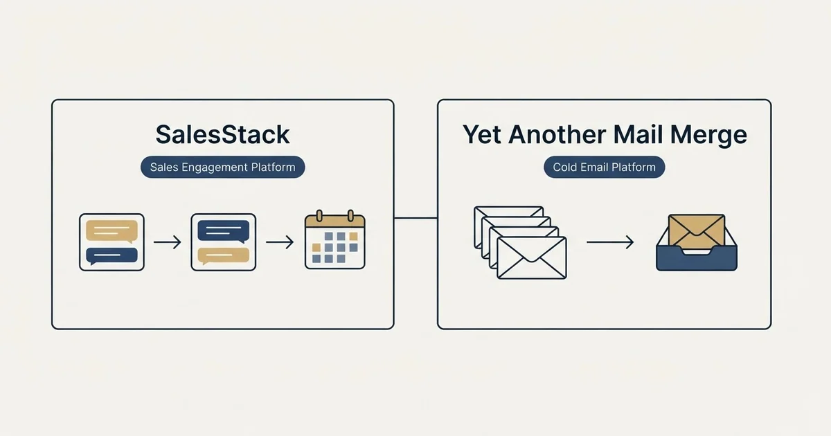 Side-by-side panels: SalesStack vs Yet Another Mail Merge (Sales Engagement Platform, Cold Email Platform)
