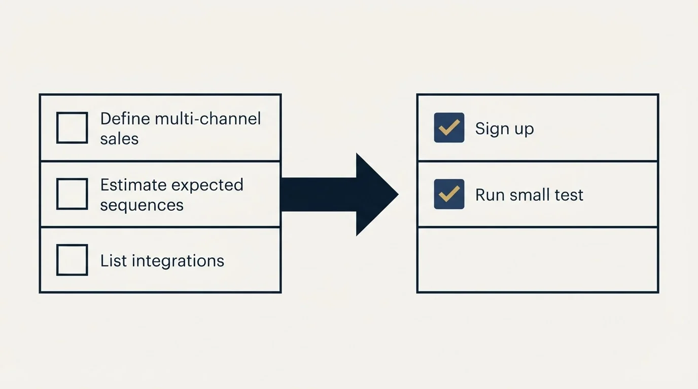 Before-and-after steps: Getting Started Checklist (Define multi-channel sales, Estimate expected sequences, List integrations, Sign up)