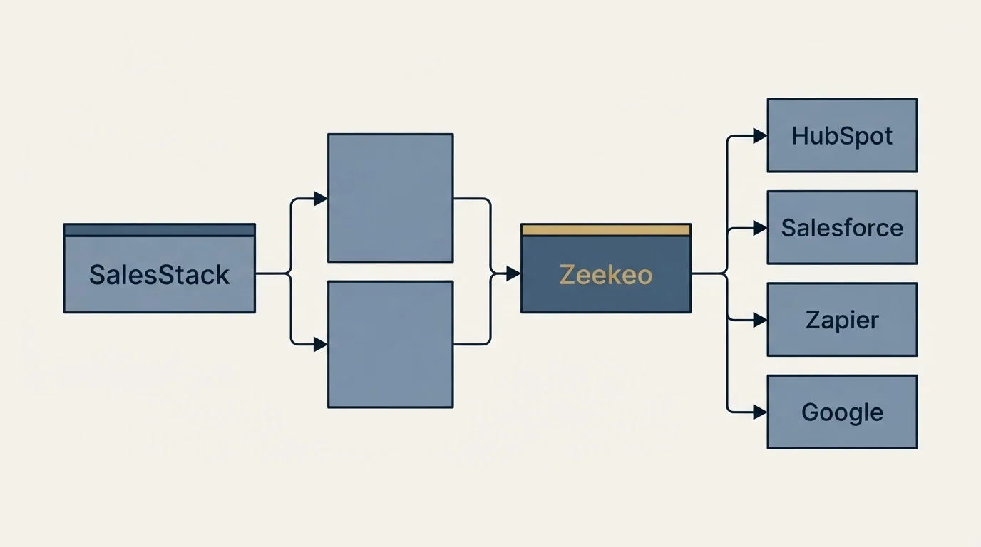 Integration flow: Integration Ecosystem (SalesStack, Zeekeo, HubSpot, Salesforce)
