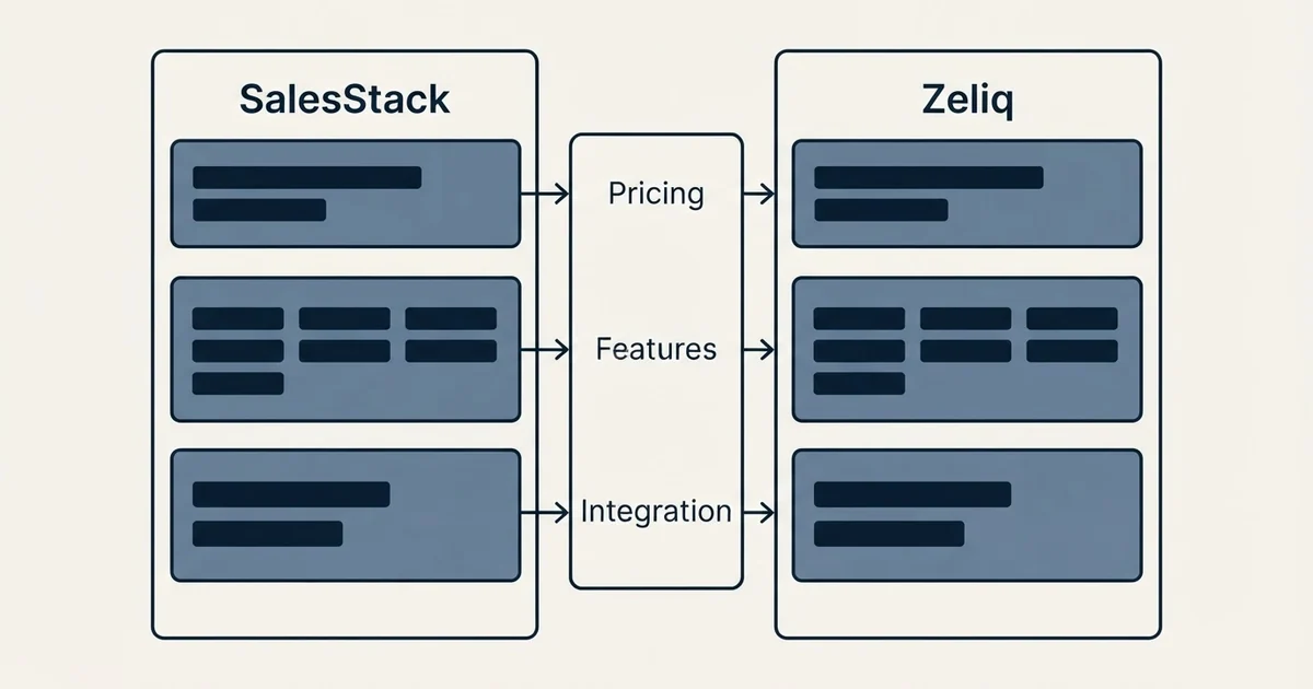Comparison panel: SalesStack vs Zeliq (Pricing, Features, Integration)