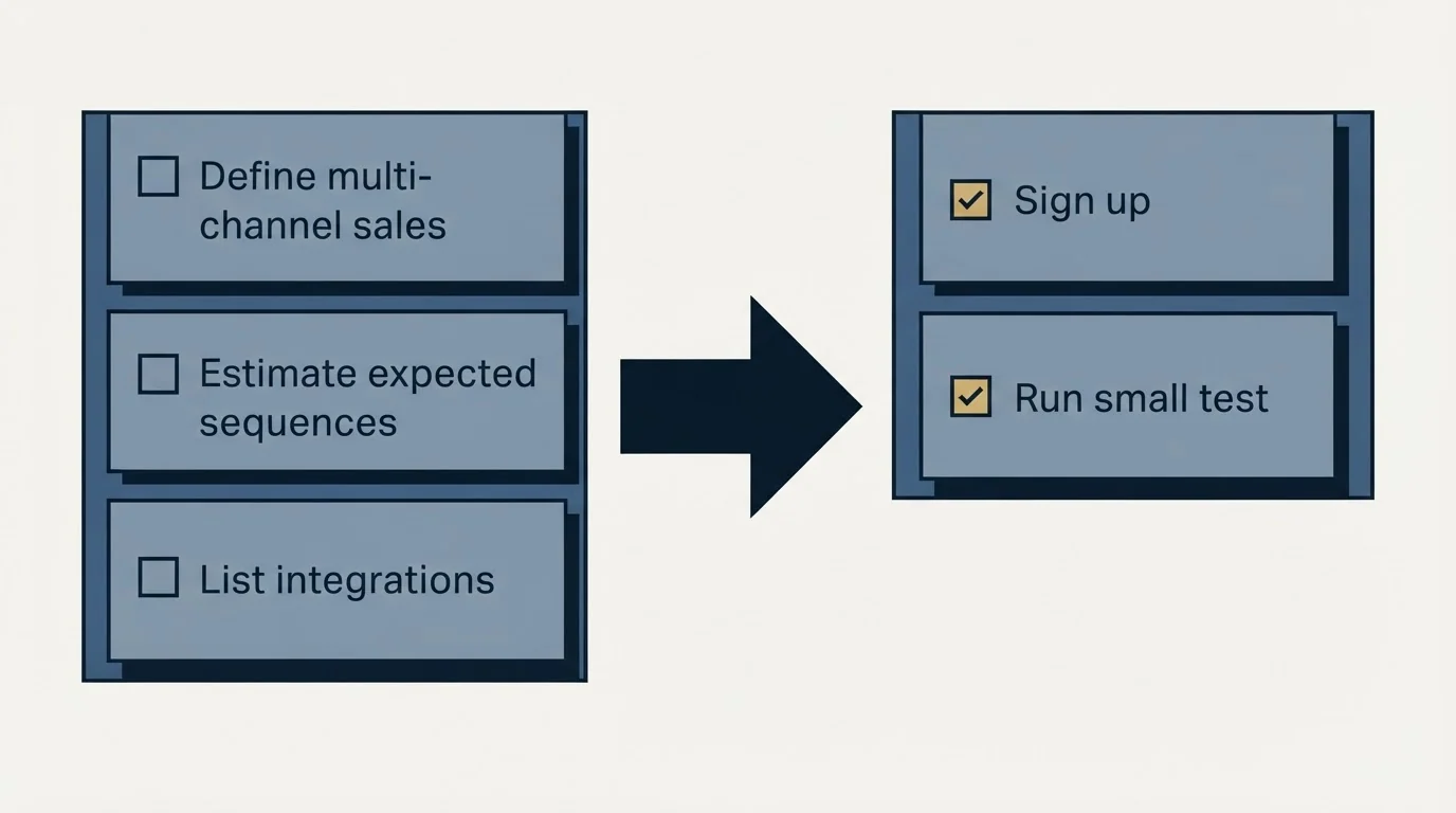 Before-and-after steps: Getting Started Checklist (Define multi-channel sales, Estimate expected sequences, List integrations, Sign up)