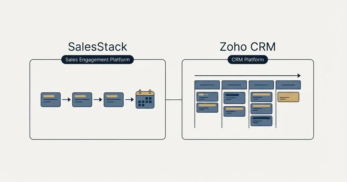 Side-by-side panels: SalesStack vs Zoho CRM (Sales Engagement Platform, CRM Platform)
