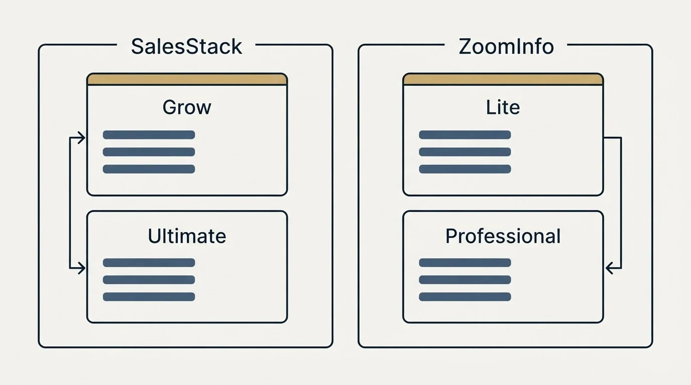 Pricing panels: Pricing Comparison (SalesStack, ZoomInfo, Grow, Lite)