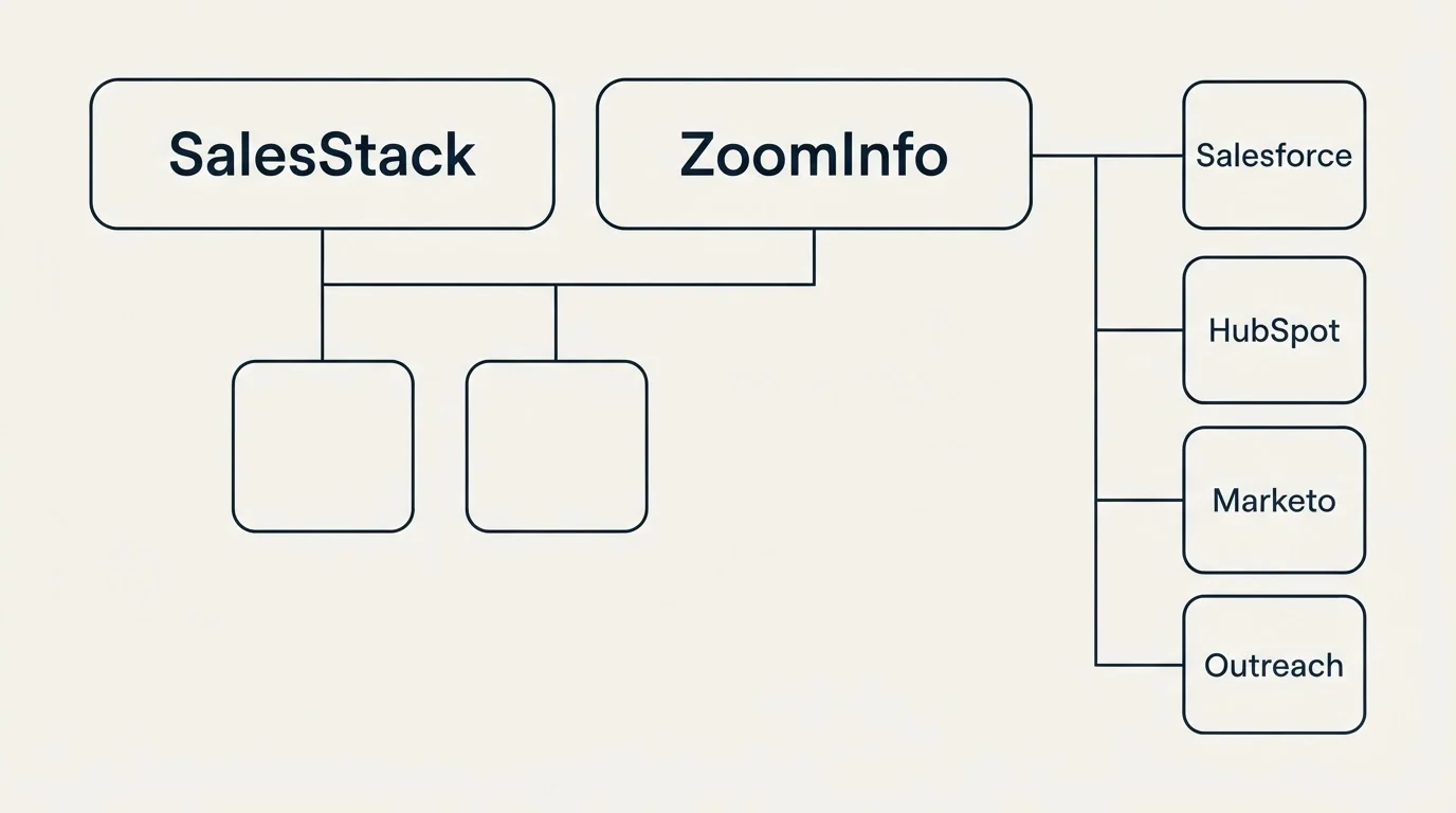 Integration grid: Integration Ecosystem (SalesStack, ZoomInfo, Salesforce, HubSpot)