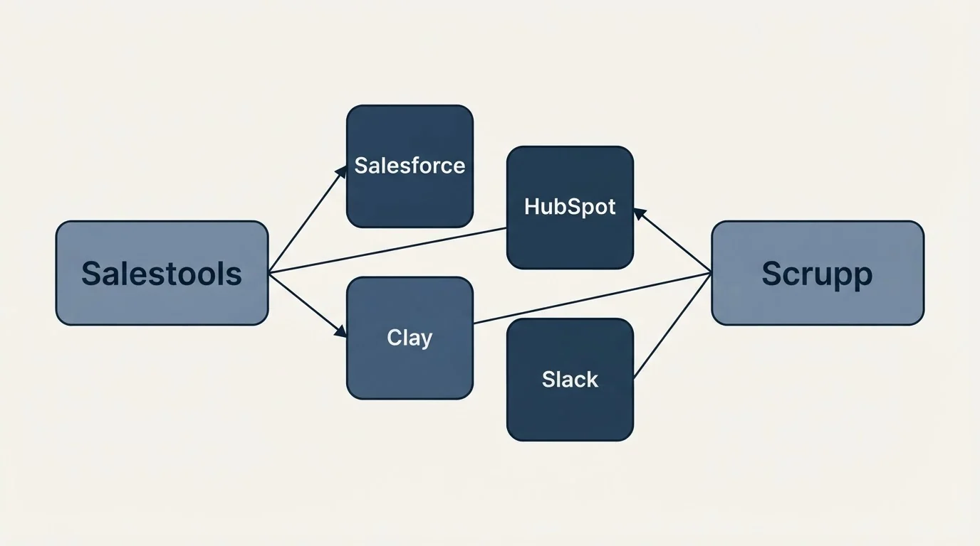 Integration schematic: Integration Ecosystem (Salestools, Scrupp, Salesforce, HubSpot)