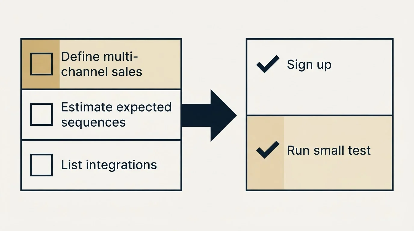 Before-and-after steps: Getting Started Checklist (Define multi-channel sales, Estimate expected sequences, List integrations, Sign up)