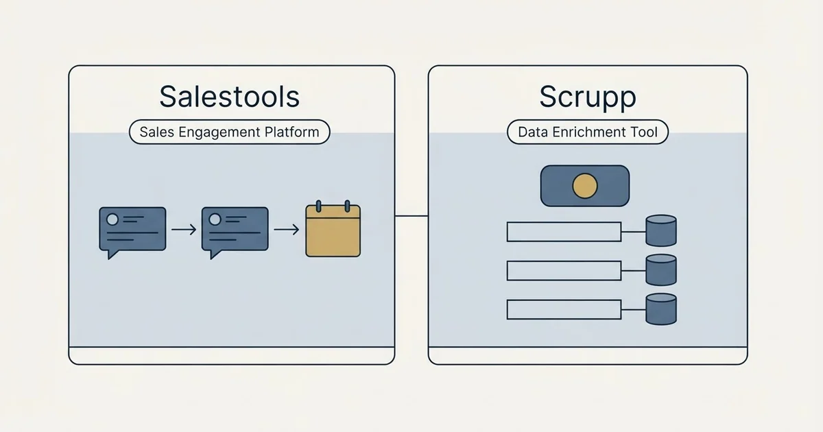 Side-by-side panels: Salestools vs Scrupp (Sales Engagement Platform, Data Enrichment Tool)