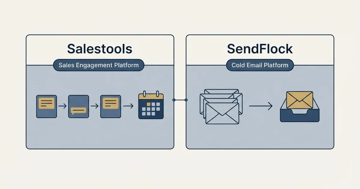 Side-by-side panels: Salestools vs SendFlock (Sales Engagement Platform, Cold Email Platform)