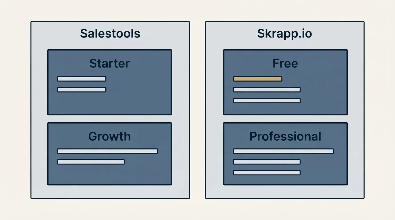 Pricing panels: Pricing Comparison (Salestools, Skrapp.io, Starter, Free)