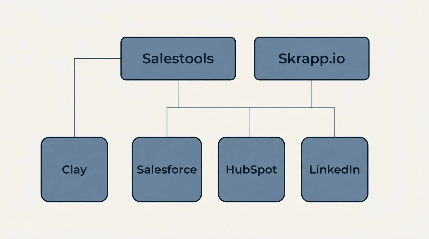 Integration grid: Integration Ecosystem (Salestools, Skrapp.io, Salesforce, HubSpot)