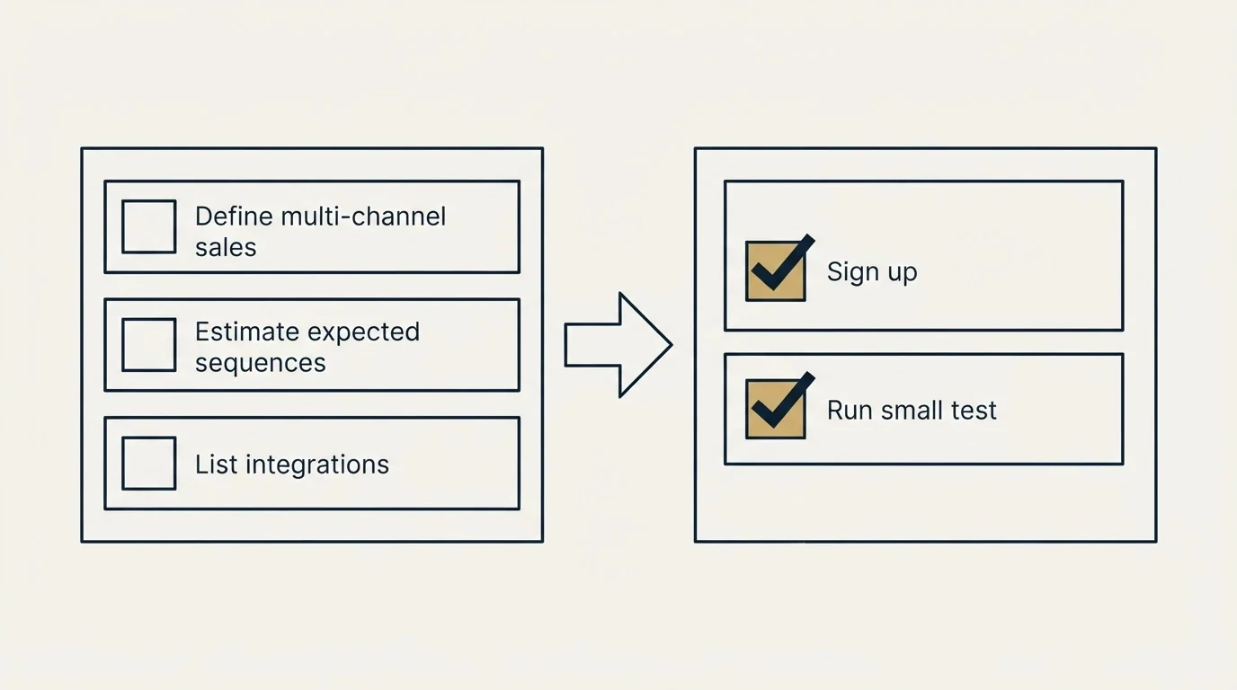 Before-and-after steps: Getting Started Checklist (Define multi-channel sales, Estimate expected sequences, List integrations, Sign up)