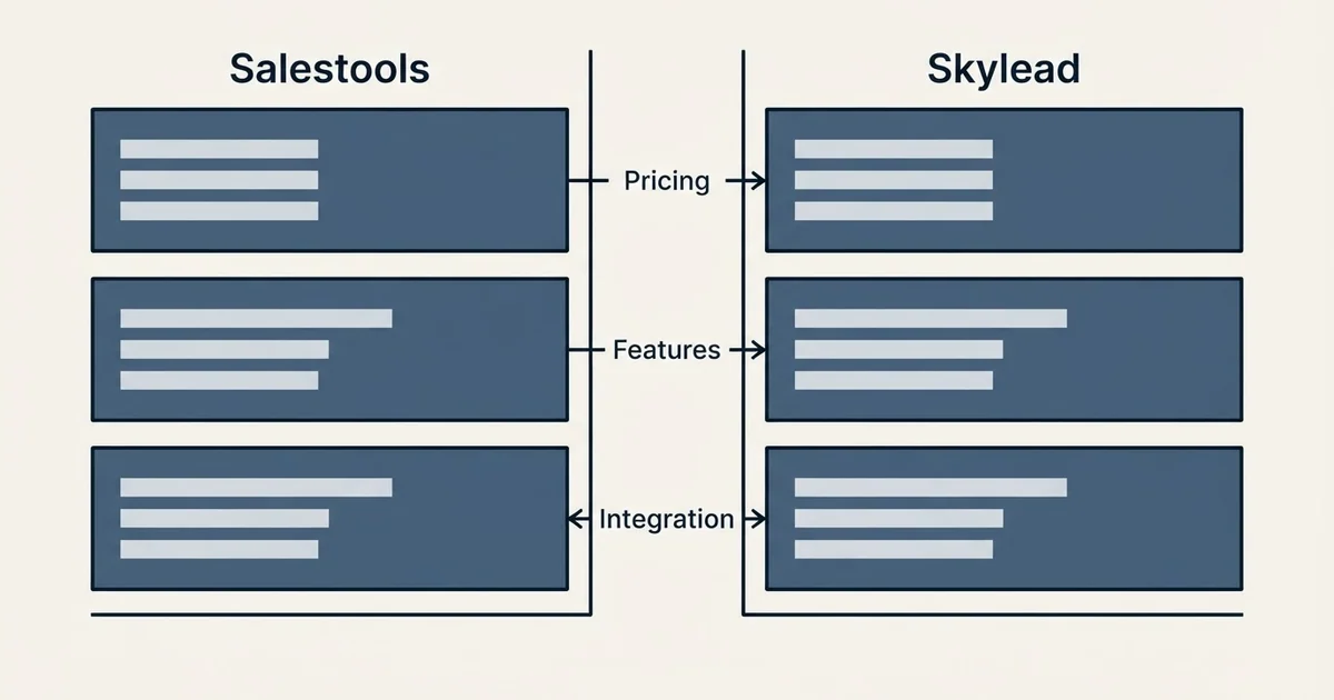 Comparison panel: Salestools vs Skylead (Pricing, Features, Integration)