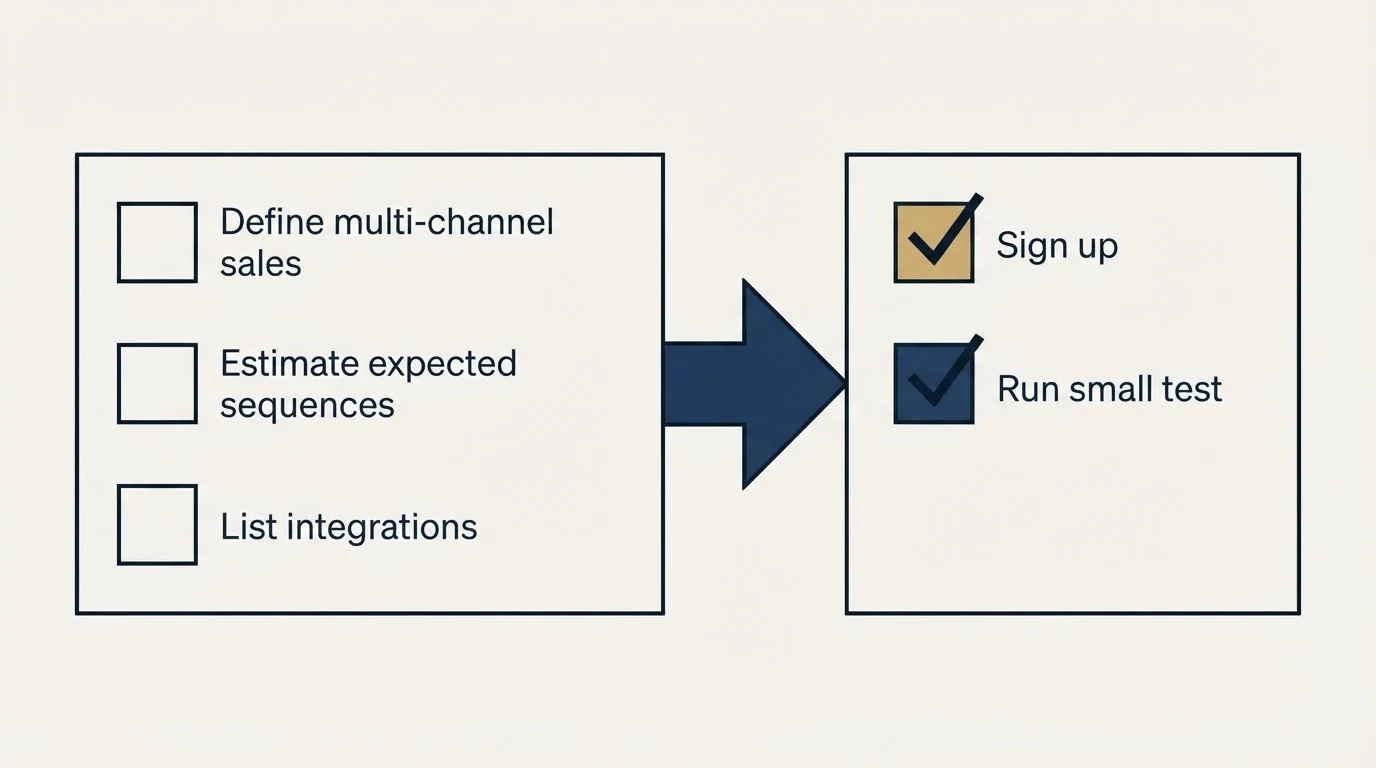 Before-and-after steps: Getting Started Checklist (Define multi-channel sales, Estimate expected sequences, List integrations, Sign up)
