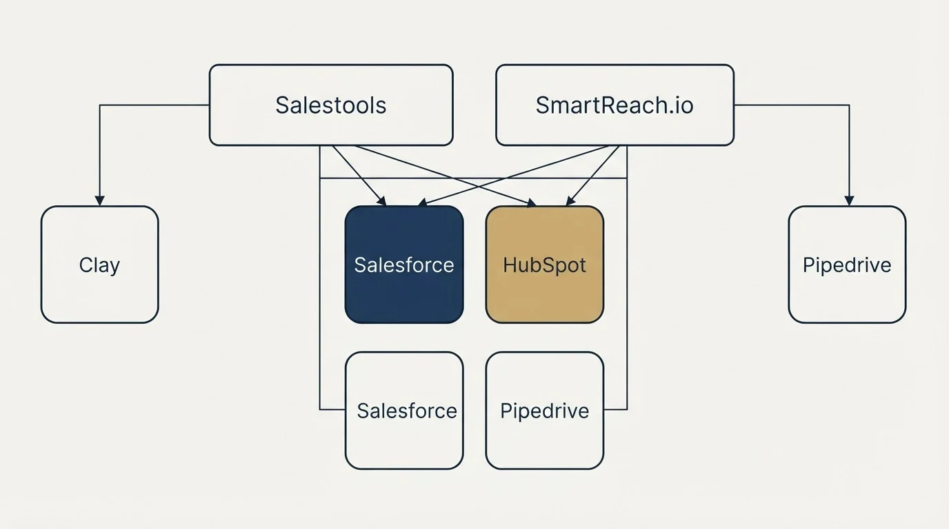 Integration grid: Integration Ecosystem (Salestools, SmartReach.io, Salesforce, HubSpot)