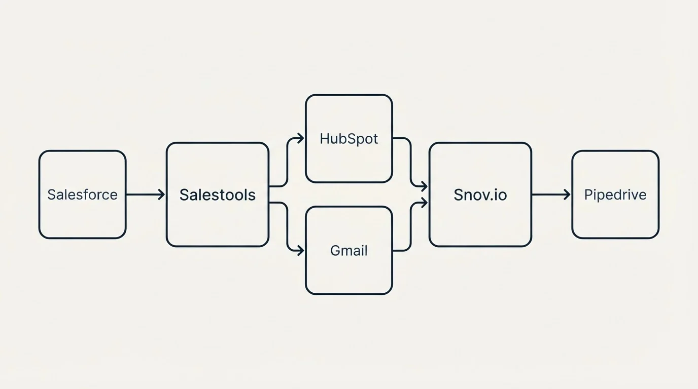 Integration schematic: Integration Ecosystem (Salestools, Snov.io, HubSpot, Gmail)