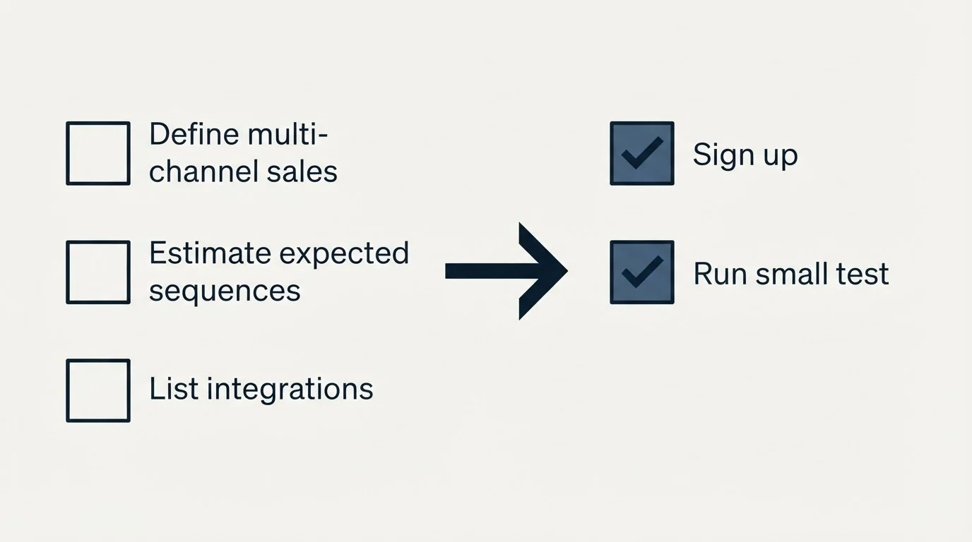 Before-and-after steps: Getting Started Checklist (Define multi-channel sales, Estimate expected sequences, List integrations, Sign up)