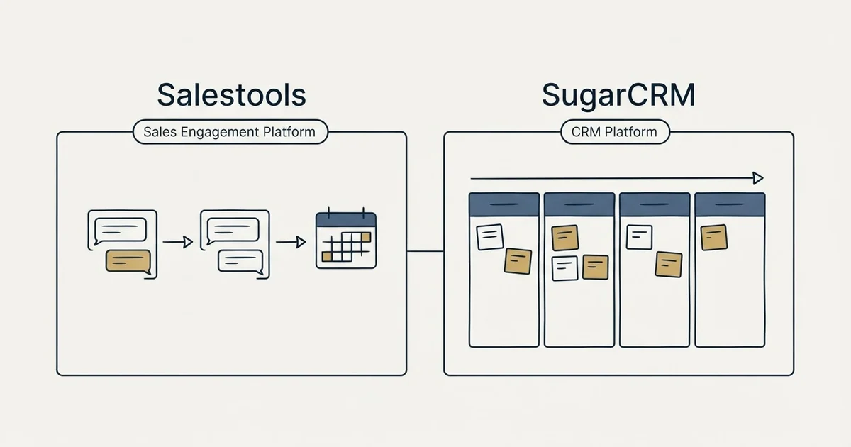Side-by-side panels: Salestools vs SugarCRM (Sales Engagement Platform, CRM Platform)