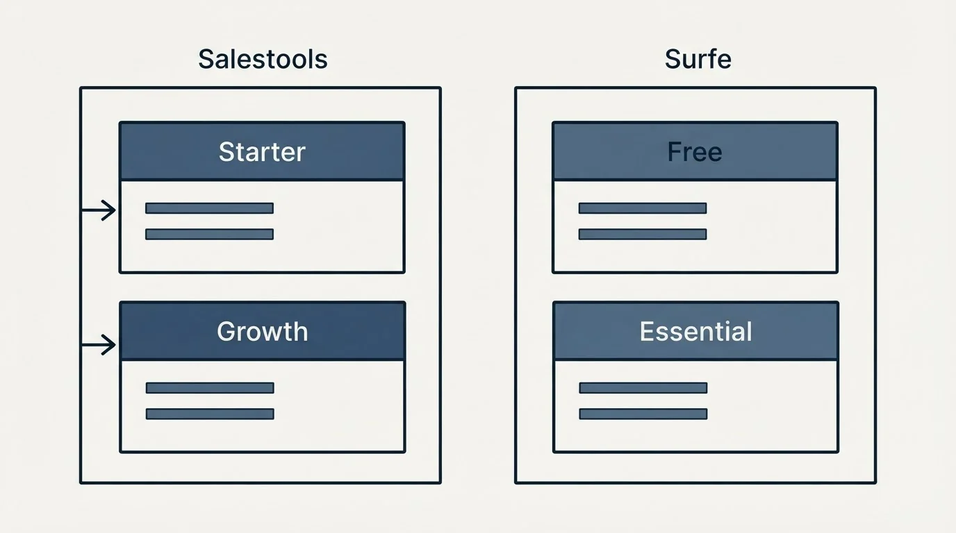 Pricing panels: Pricing Comparison (Salestools, Surfe, Starter, Free)