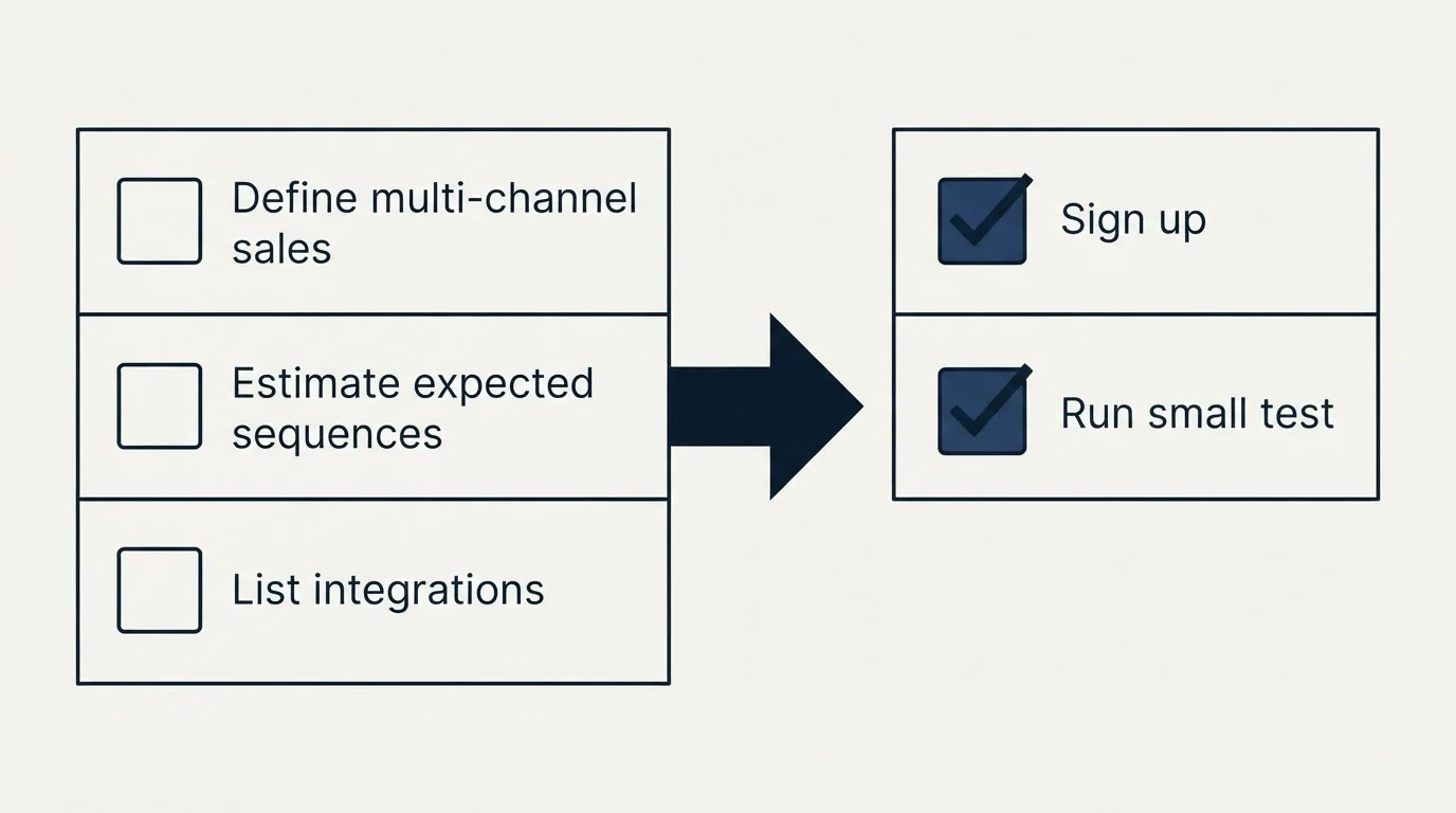 Before-and-after steps: Getting Started Checklist (Define multi-channel sales, Estimate expected sequences, List integrations, Sign up)