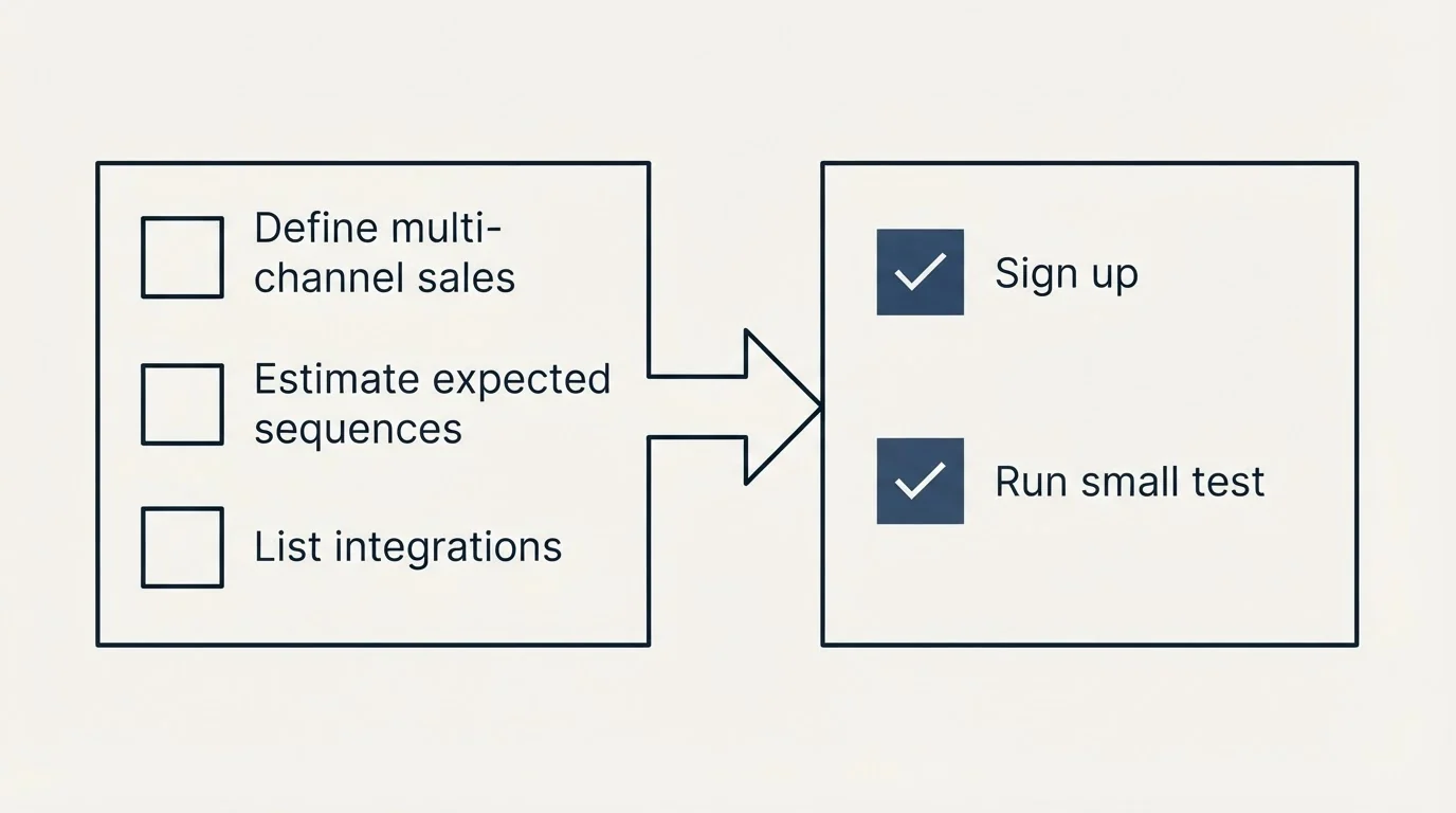 Before-and-after steps: Getting Started Checklist (Define multi-channel sales, Estimate expected sequences, List integrations, Sign up)