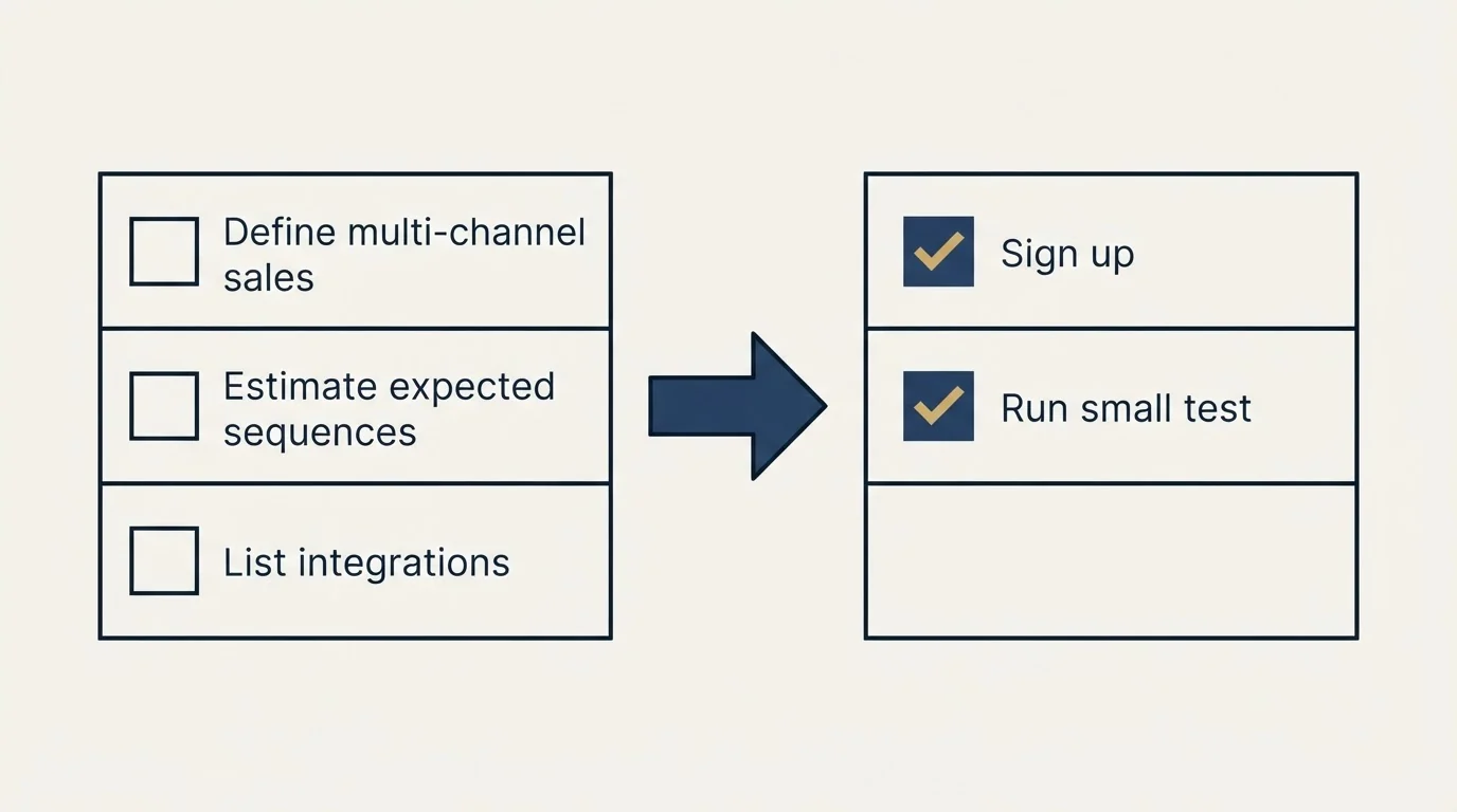 Before-and-after steps: Getting Started Checklist (Define multi-channel sales, Estimate expected sequences, List integrations, Sign up)