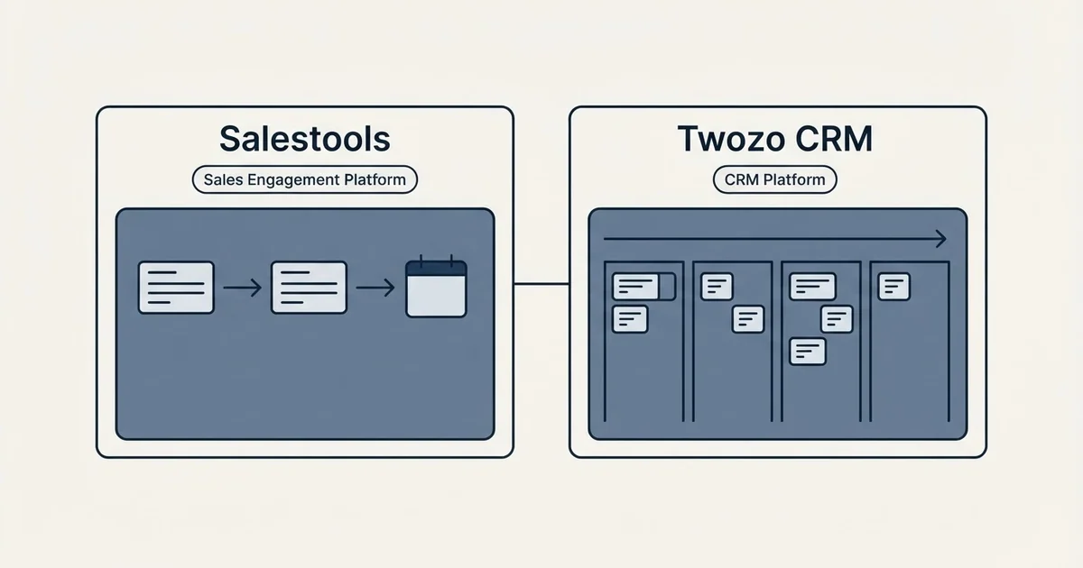 Side-by-side panels: Salestools vs Twozo CRM (Sales Engagement Platform, CRM Platform)