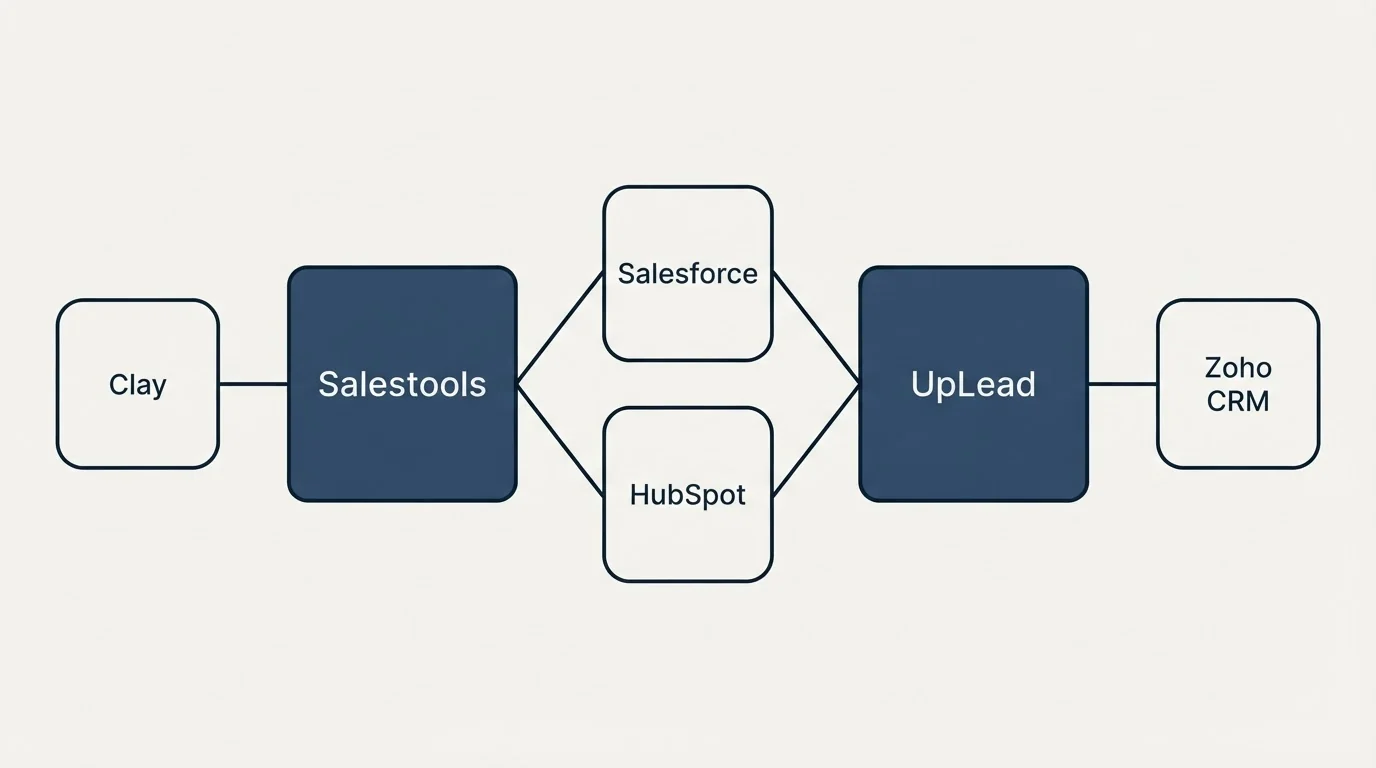 Integration schematic: Integration Ecosystem (Salestools, UpLead, Salesforce, HubSpot)