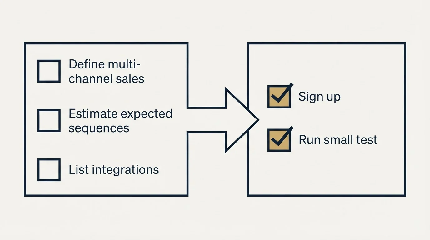 Before-and-after steps: Getting Started Checklist (Define multi-channel sales, Estimate expected sequences, List integrations, Sign up)