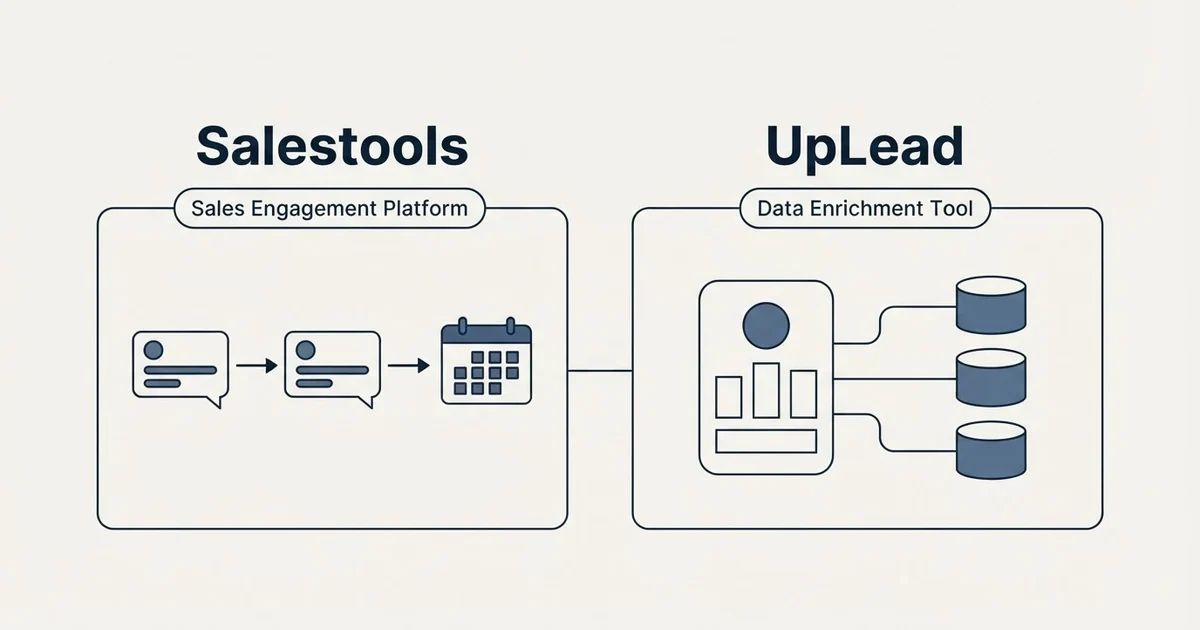 Side-by-side panels: Salestools vs UpLead (Sales Engagement Platform, Data Enrichment Tool)