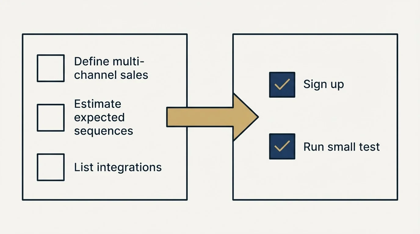 Before-and-after steps: Getting Started Checklist (Define multi-channel sales, Estimate expected sequences, List integrations, Sign up)
