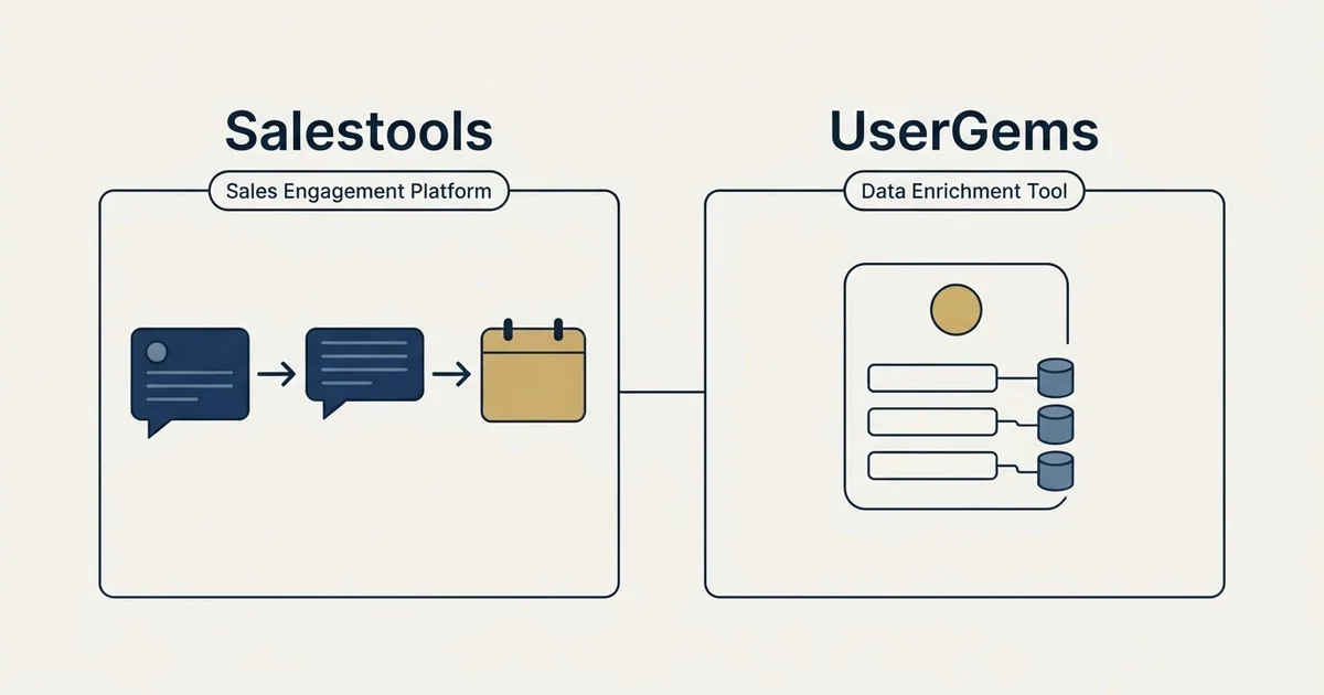 Side-by-side panels: Salestools vs UserGems (Sales Engagement Platform, Data Enrichment Tool)