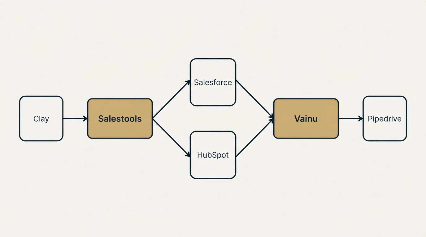 Integration schematic: Integration Ecosystem (Salestools, Vainu, Salesforce, HubSpot)