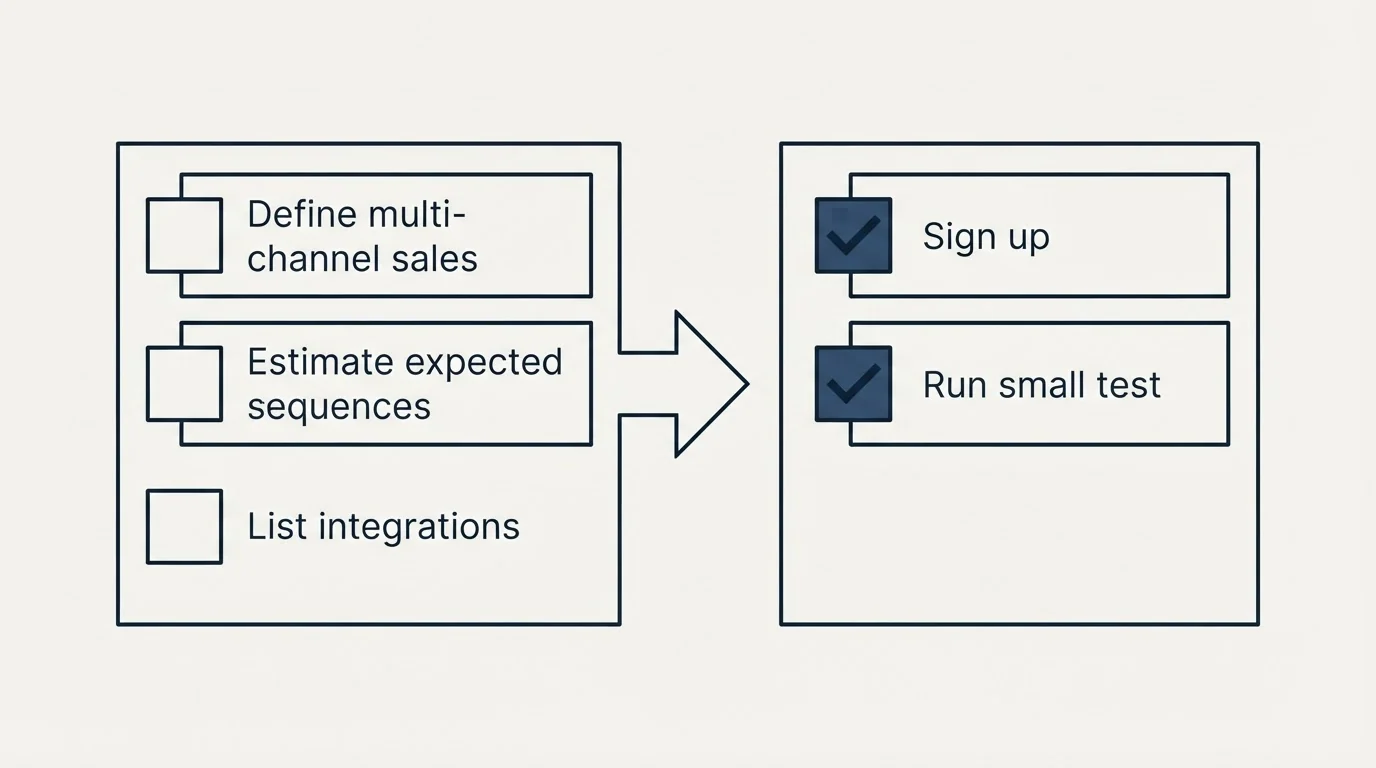 Before-and-after steps: Getting Started Checklist (Define multi-channel sales, Estimate expected sequences, List integrations, Sign up)