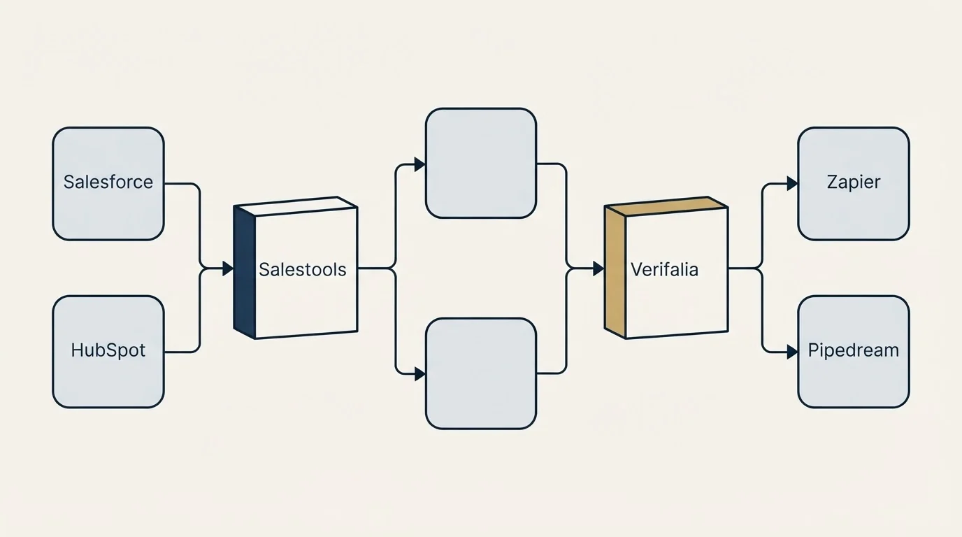 Integration flow: Integration Ecosystem (Salestools, Verifalia, Salesforce, Zapier)